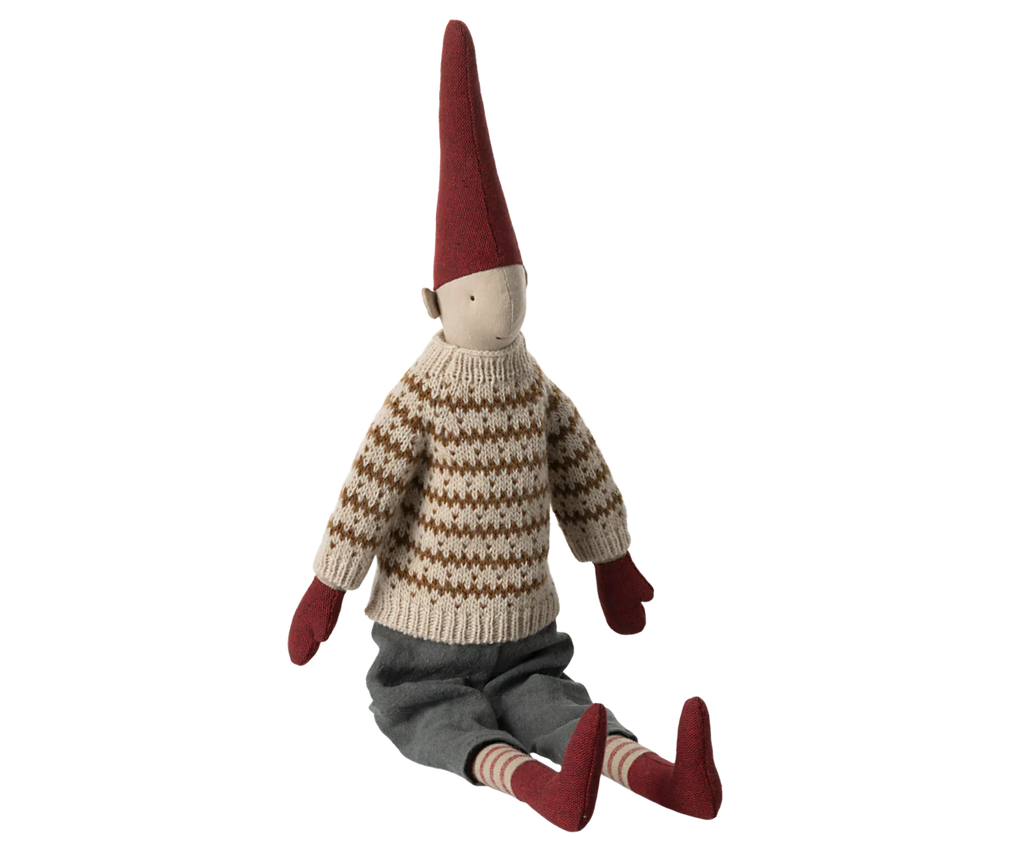 Wichtel Medium Pixy, Größe 3 - Junge mit Strickpullover und grauer Hose - 49 cm