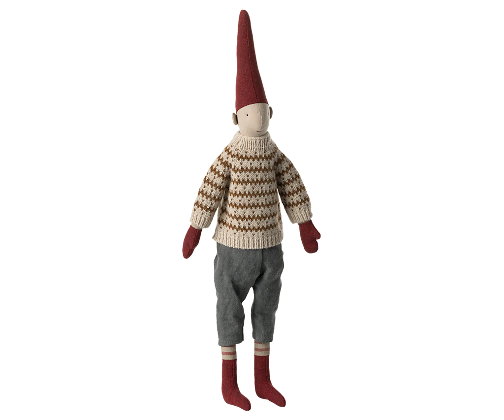 Wichtel Medium Pixy, Größe 3 - Junge mit Strickpullover und grauer Hose - 49 cm