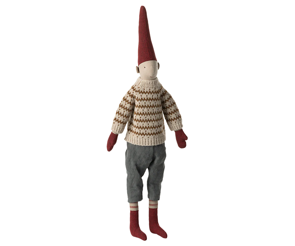 Wichtel Medium Pixy, Größe 3 - Junge mit Strickpullover und grauer Hose - 49 cm