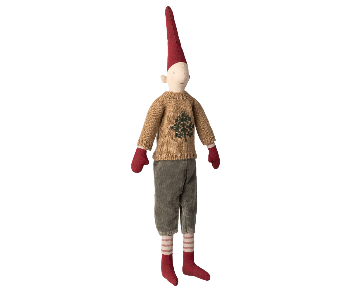 Wichtel Medium Pixy, Größe 3 - Junge mit Strickpullover Tannenbaum - 51 cm
