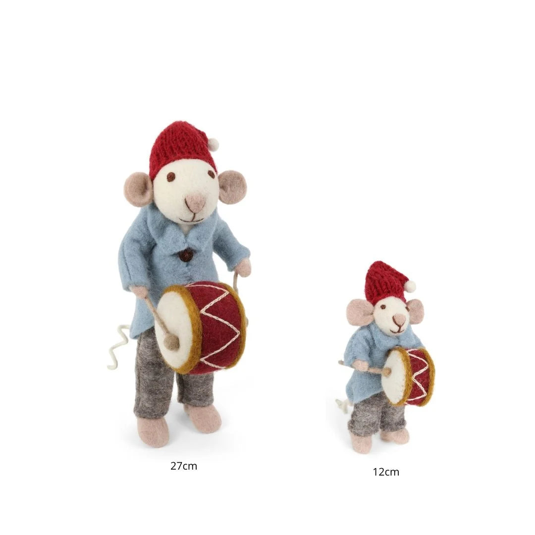 Weihnachtsmaus/ Orchester Maus weiß mit Trommel - 11 cm
