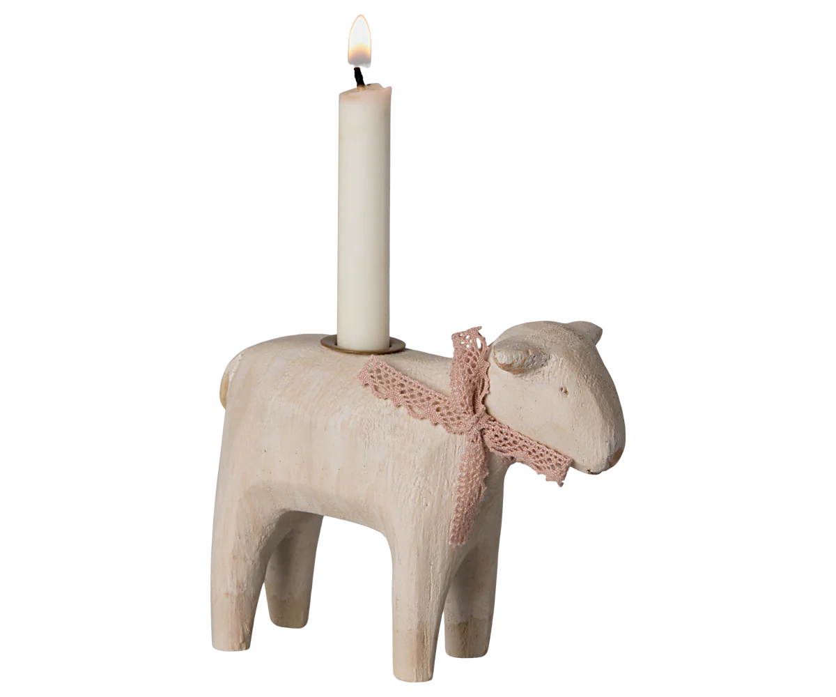 Kerzenhalter Lamm für dünne Stabkerzen - Schleife Rosé