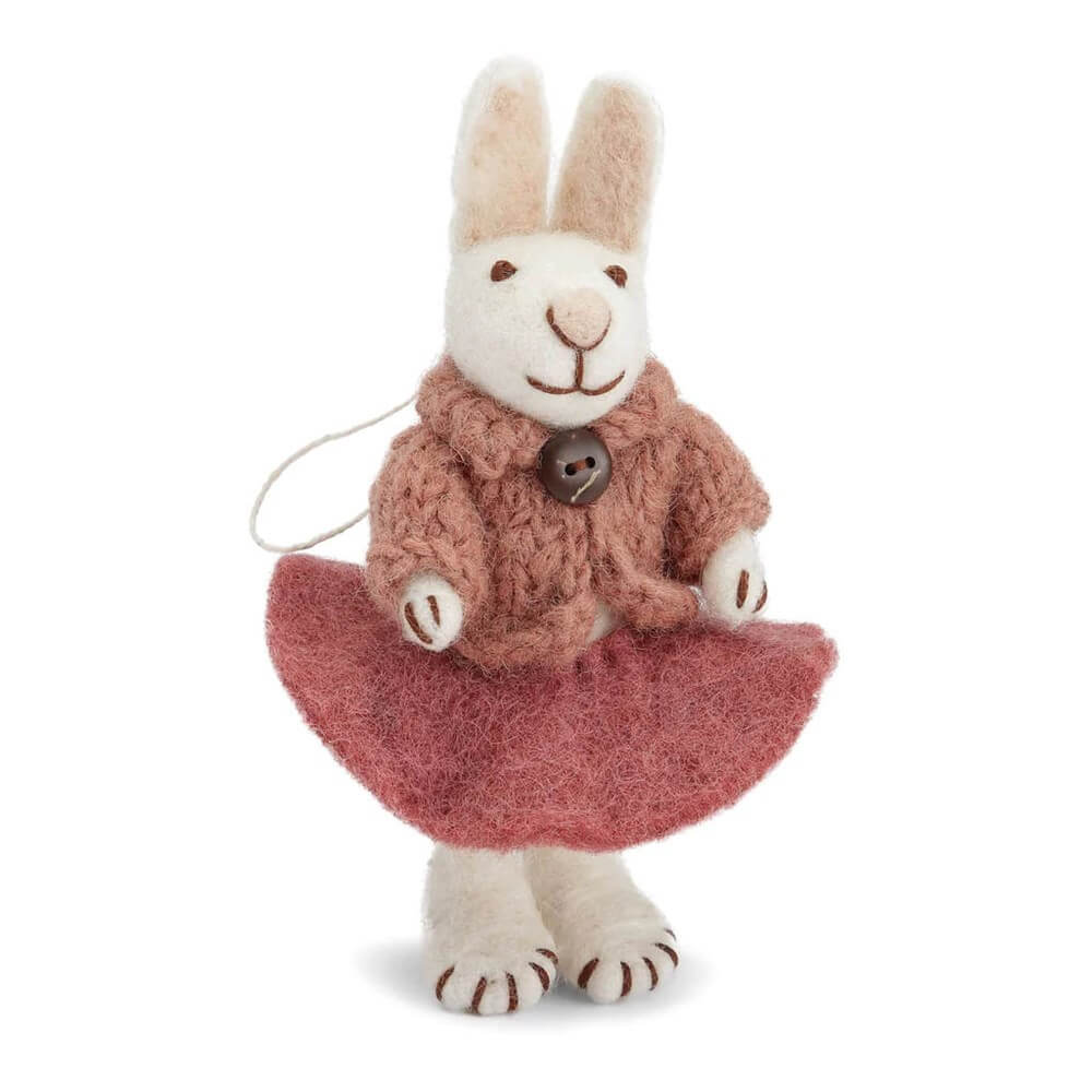 Filzhase weiß mit Strickjacke und Rock - 14 cm