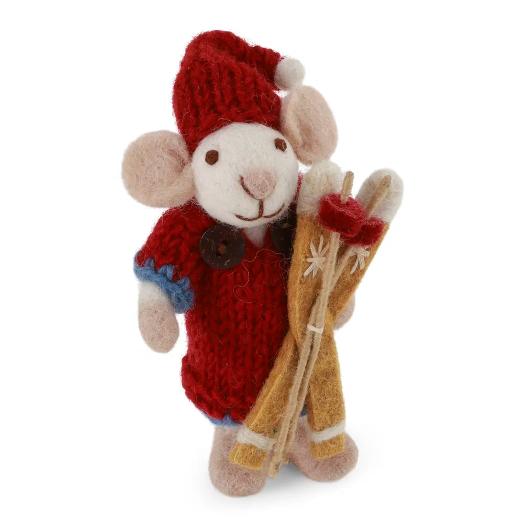 Weihnachtsmaus/ Filzmaus grau Mädchen mit Strickkleid und Ski - 12 cm