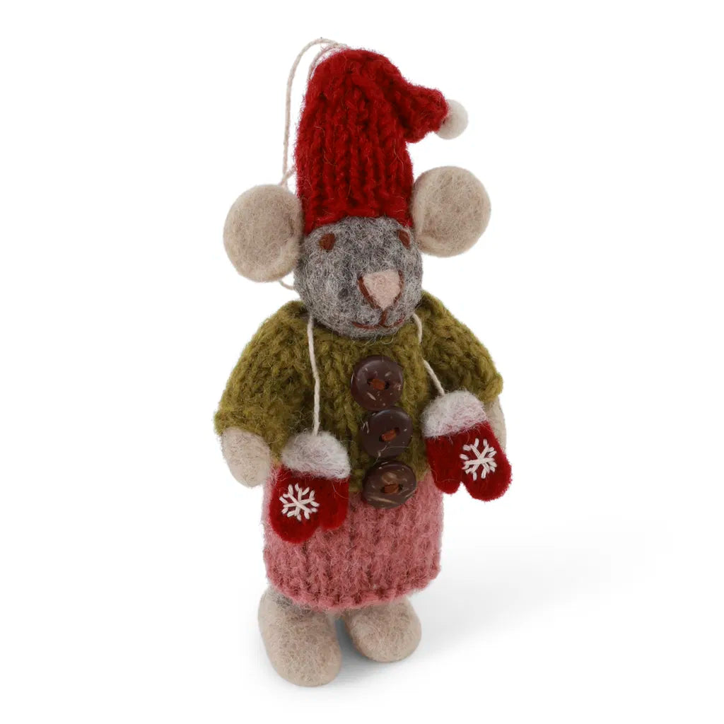 Weihnachtsmaus/ Filzmaus grau mit gestricktem Kleid und Handschuhen - 12 cm