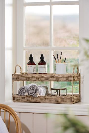 Tablett/ kleines Regal mit 2 Etagen und Henkeln, graues Rattan