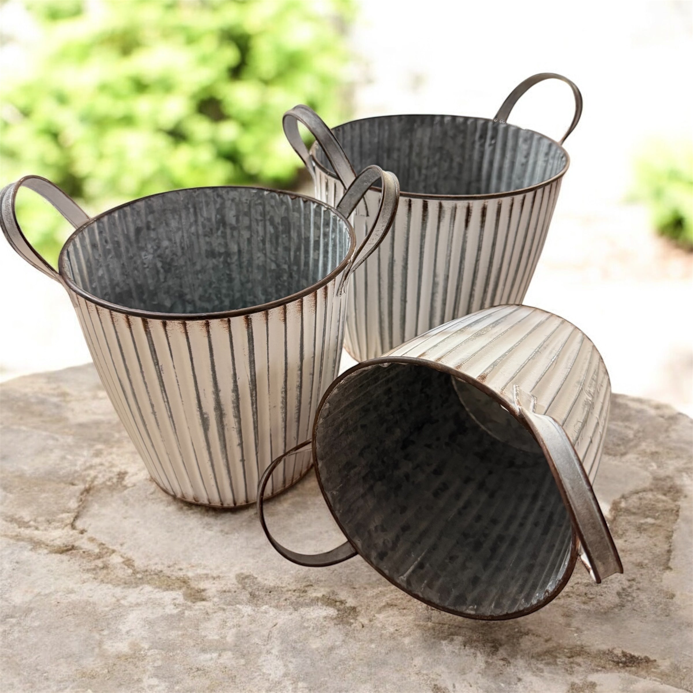 Topf/ Übertopf mit Griffen, 3 Stück im Set - Zink
