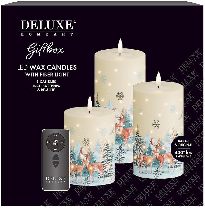 LED Deluxe Homeart Giftbox - 3er Set Cremefarbene LED-Kerzen mit Glasfaser-Lichtern mit Fernbedienung - Echtwachs - Schnee Rentier & Weihnachtsbaum