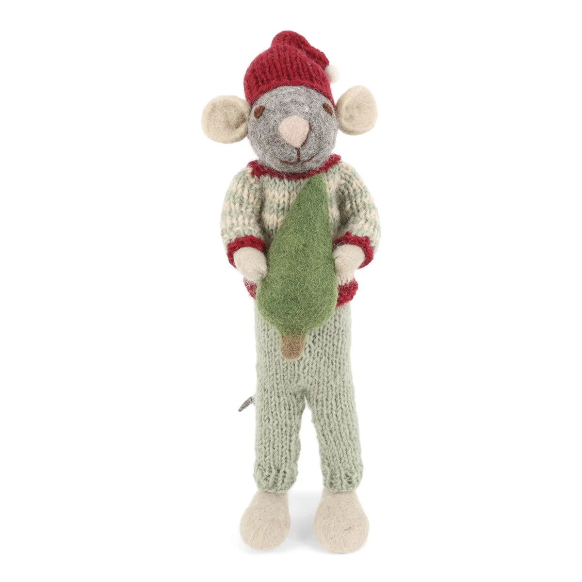 Weihnachtsmaus/ Filzmaus grau mit gestreiftem Pullover und Tannenbaum - 27 cm
