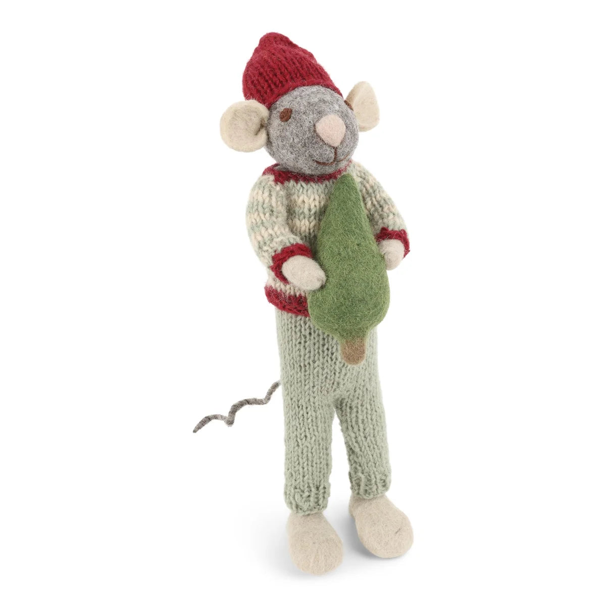 Weihnachtsmaus/ Filzmaus grau mit gestreiftem Pullover und Tannenbaum - 27 cm
