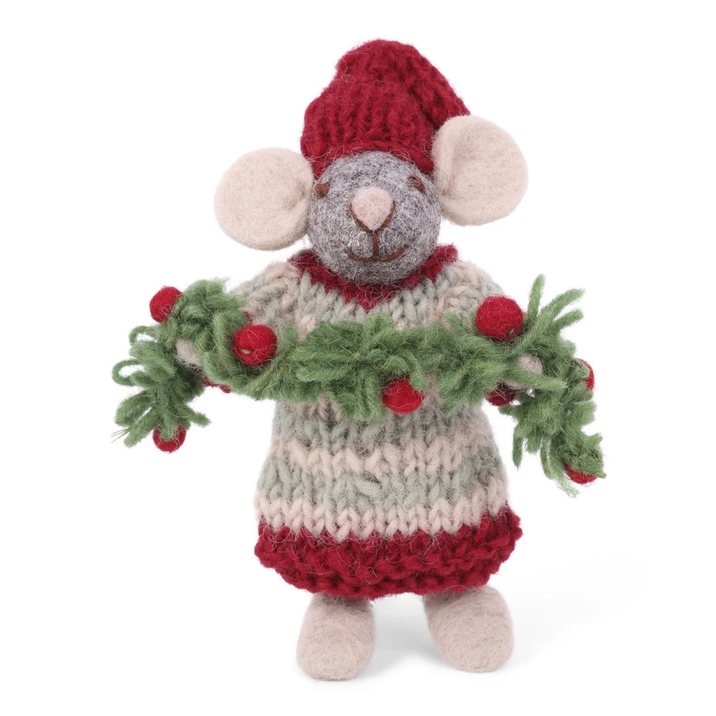 Weihnachtsmaus/ Filzmaus grau mit gestreiftem Kleid und Tannengirlande - 11 cm