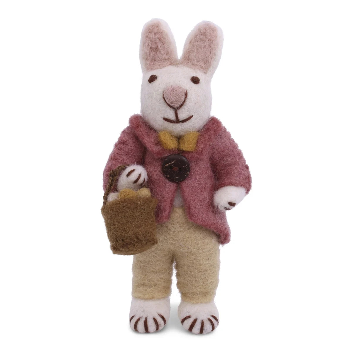 Filzhase weiß mit altrosafarbenener Jacke und Eierkorb - 13 cm