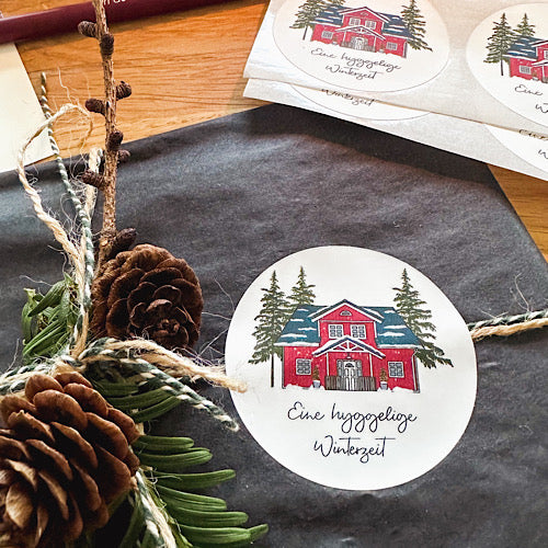 Aufkleber Rotes Schwedenhaus "Eine hyggelige Winterzeit" - 10er Set