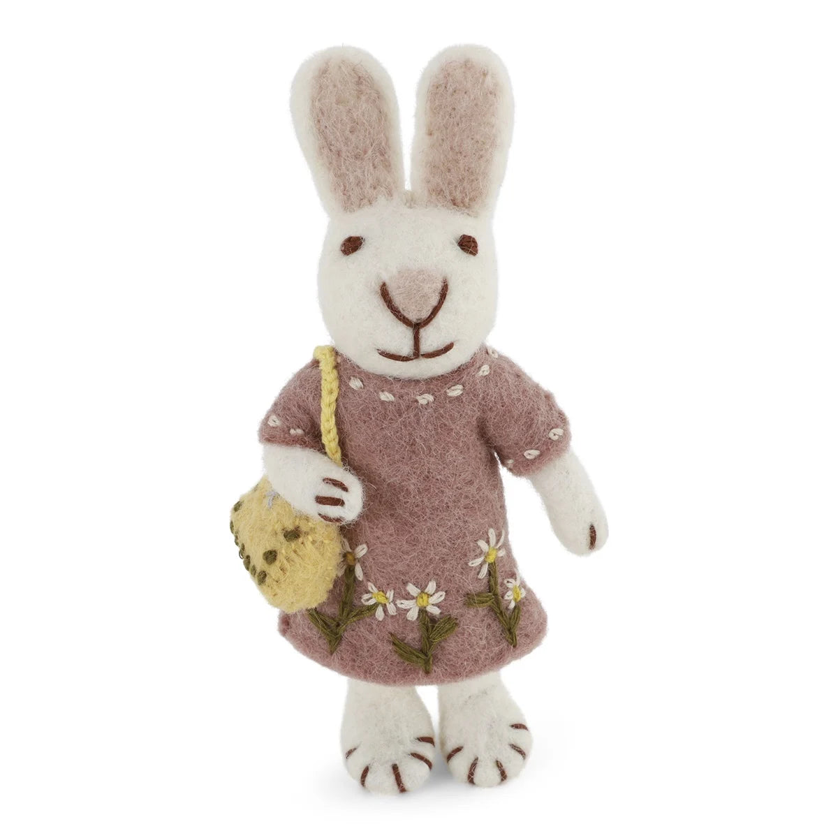 Filzhase weiß mit lavendelfarbenem Filzkleid und Tasche - 11 cm