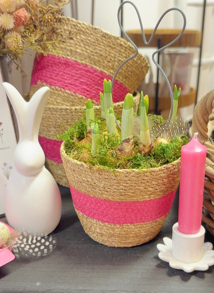 Topf/ Übertopf/ Korb Seegras natur/ pink -  ⌀ 13 cm