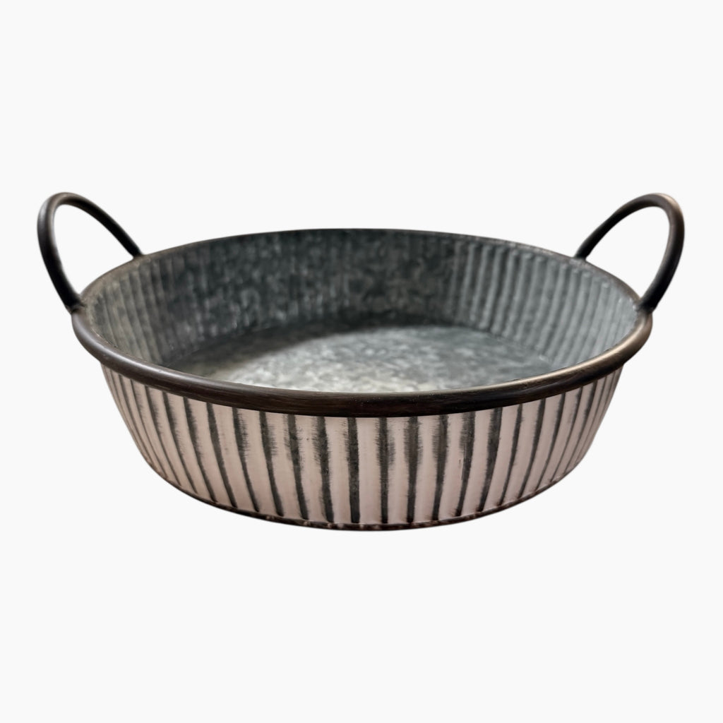 Tablett/ Dekoschale Zink mit Griffen, gerillt - Ø 28,5 cm