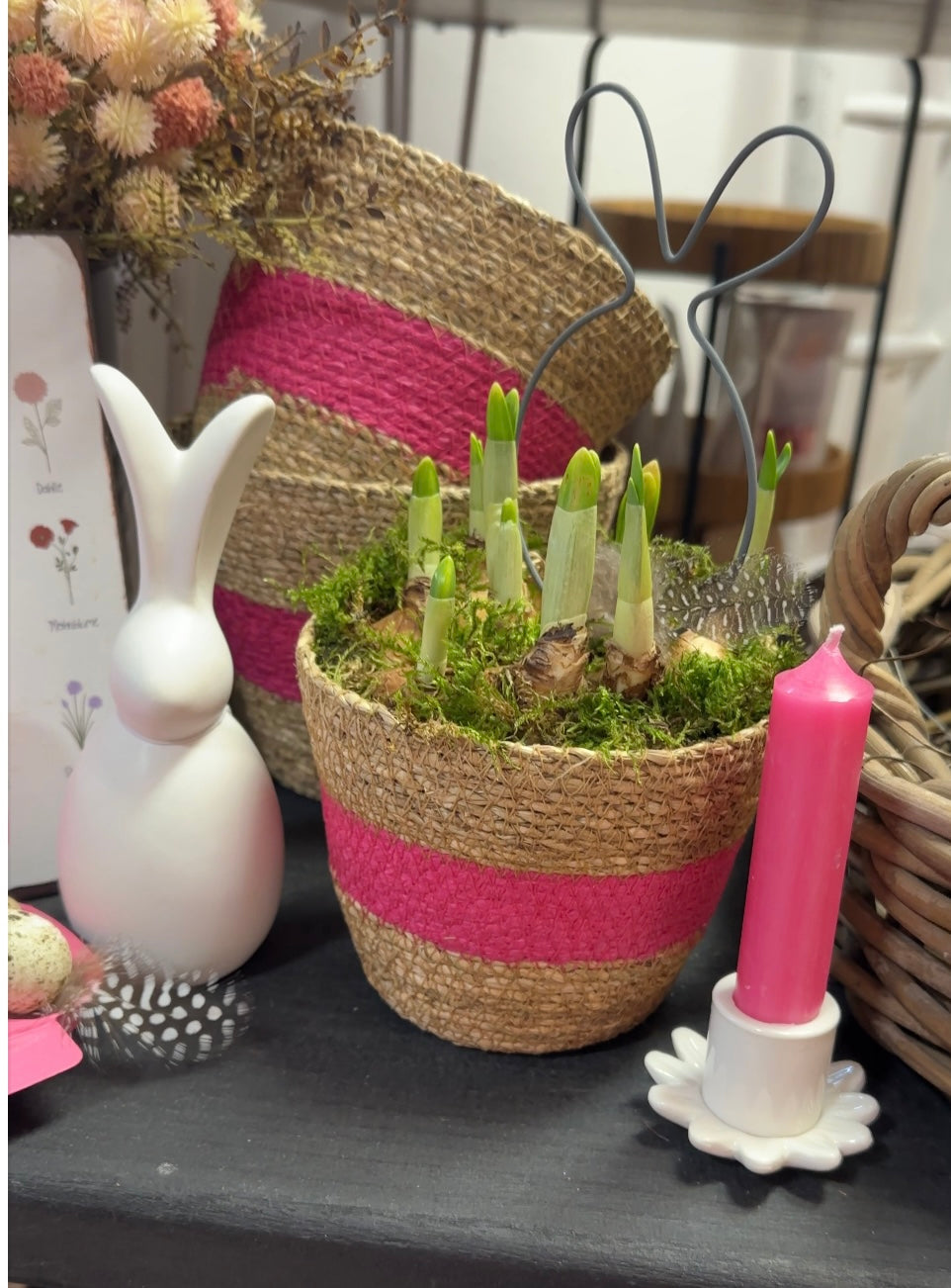 Topf/ Übertopf/ Korb Seegras natur/ pink -  ⌀ 13 cm