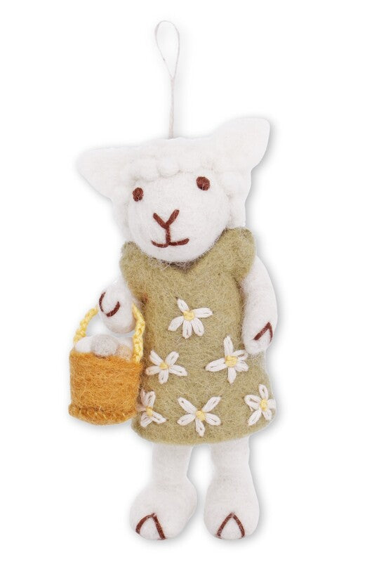 Filzschaf/ Schaf aus Filz mit grünem Blumenkleid und Osterkörbchen