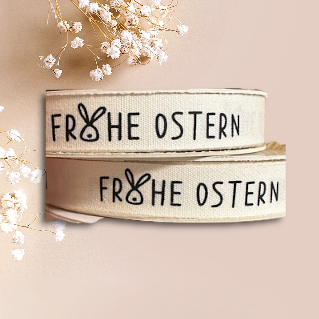 2 Meter Band Baumwolle "Frohe Ostern", creme - Geschenkband