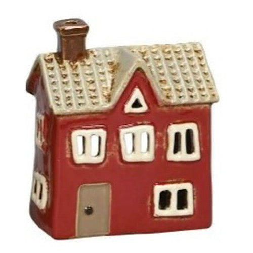 Lichthaus/ Haus für Teelicht, rotes Haus/  braune Tür - H: 12,5 cm