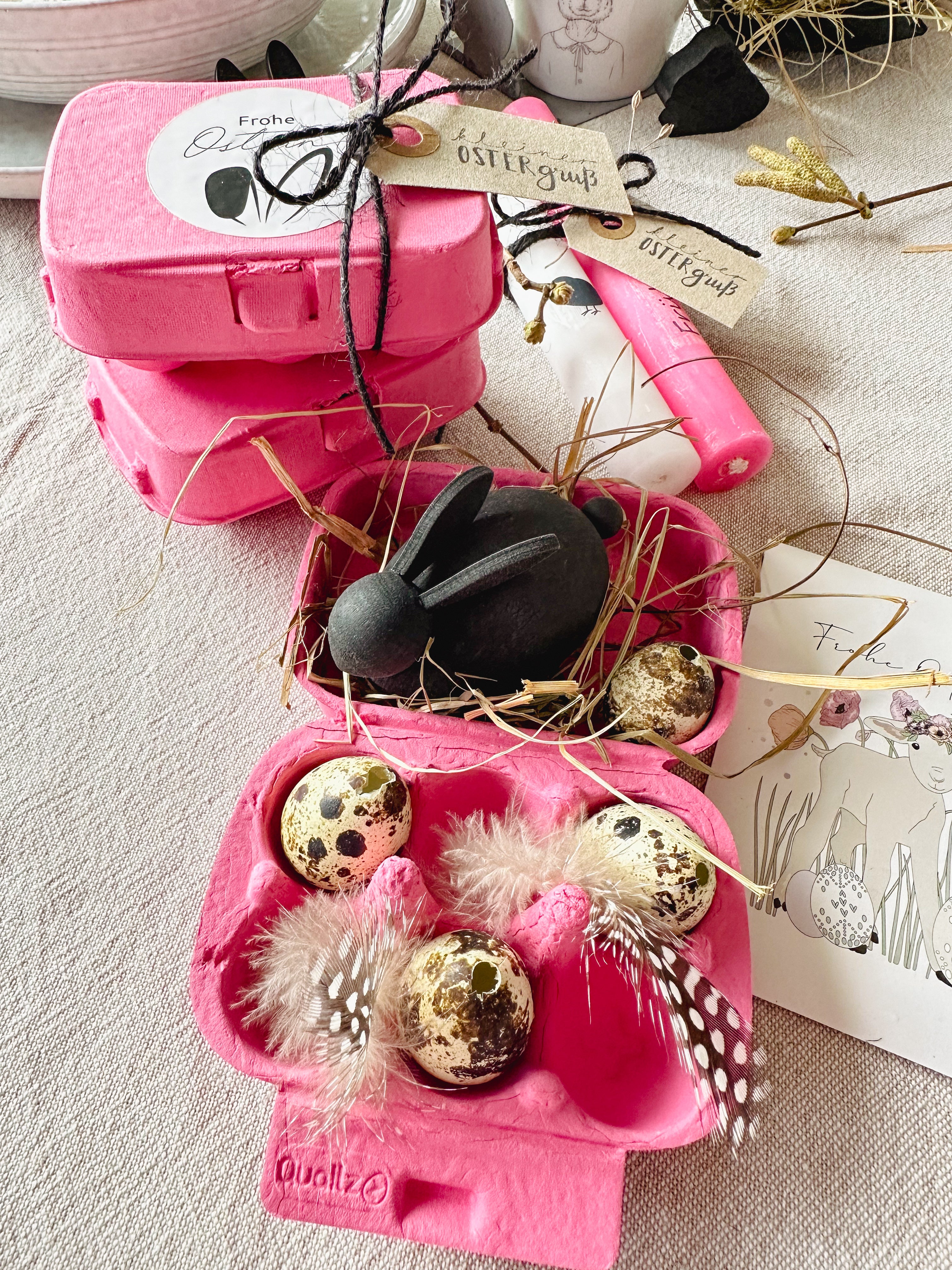 Wachteleierschachtel/ Eierkartons mit Aufkleber "Frohe Ostern" - 3er Set, pink