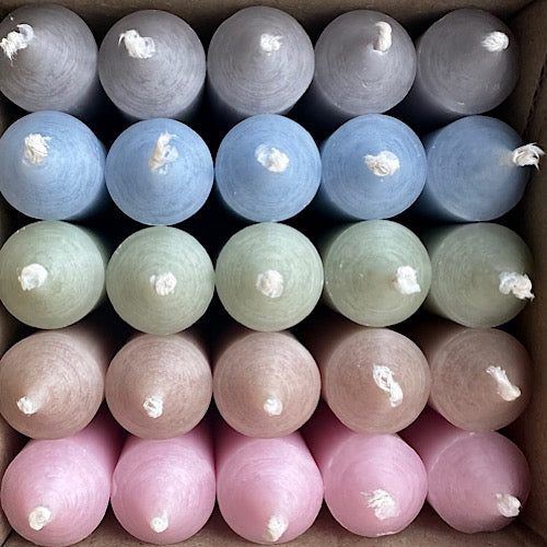 25er Box/ Set "Pastell.lich" kurze Stabkerzen 10 x 2,2 cm - Bestseller Farbmix