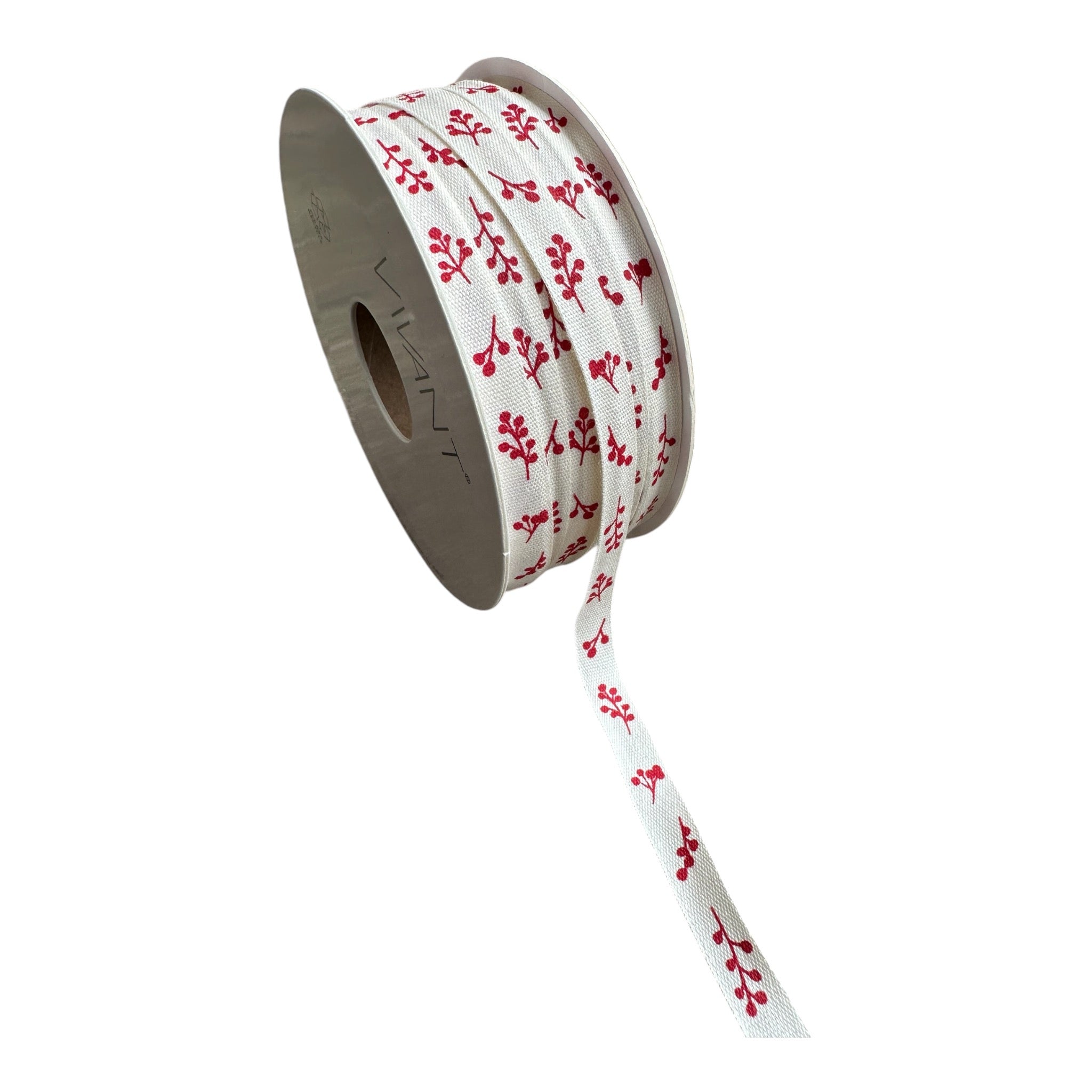 2 Meter Band Baumwolle mit roten Beeren-Zweigen, creme/ rot - Geschenkband