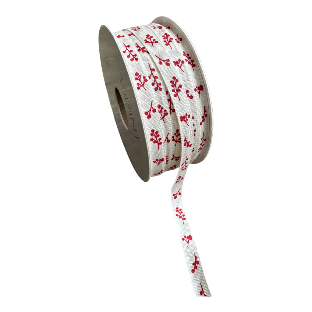 2 Meter Band Baumwolle mit roten Beeren-Zweigen, creme/ rot - Geschenkband