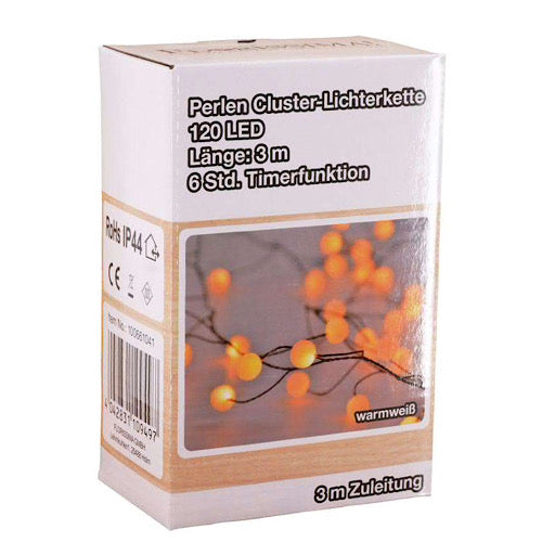 Lichterkette Perlen Clusterlights Kugel 120 LED 3m mit Timer, warm weiß - Trafo