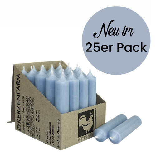 25er Box/ Set Stabkerzen kurze Stabkerzen taubenblau - 10 x 2,2 cm