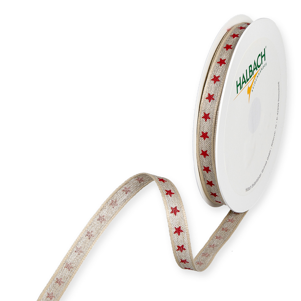 2 Meter Band Leinen Sterne, natur/ rot - Geschenkband