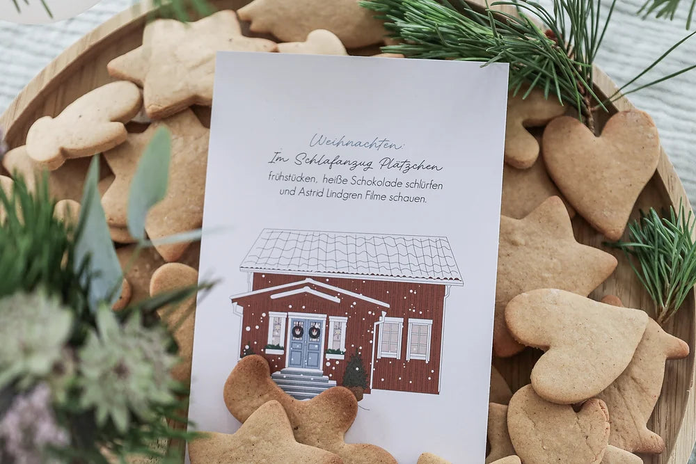 Postkarte - Im Schlafanzug Plätzchen frühstücken