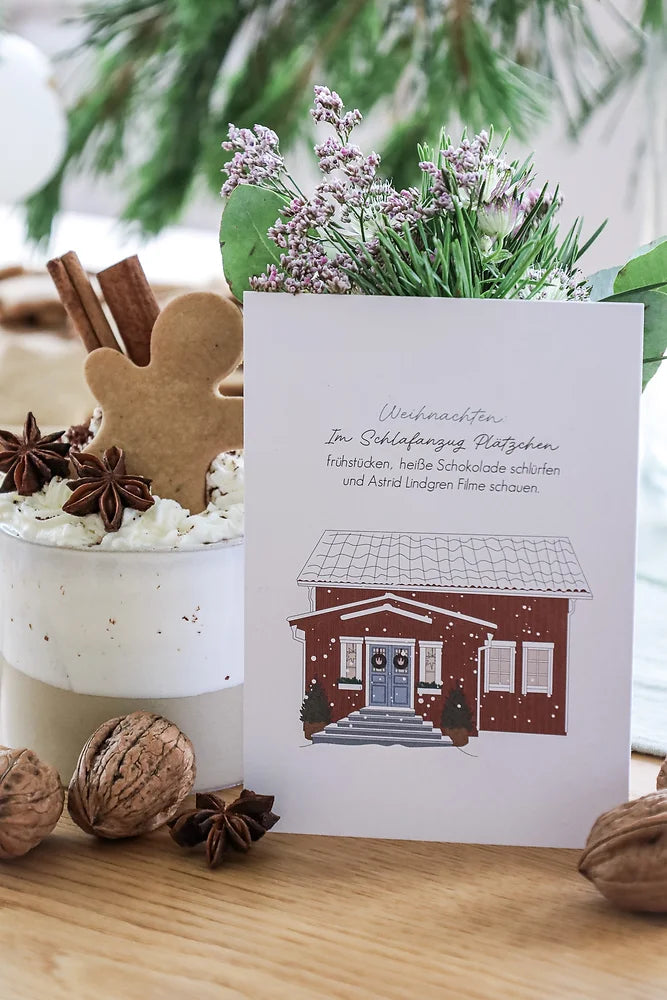 Postkarte - Im Schlafanzug Plätzchen frühstücken