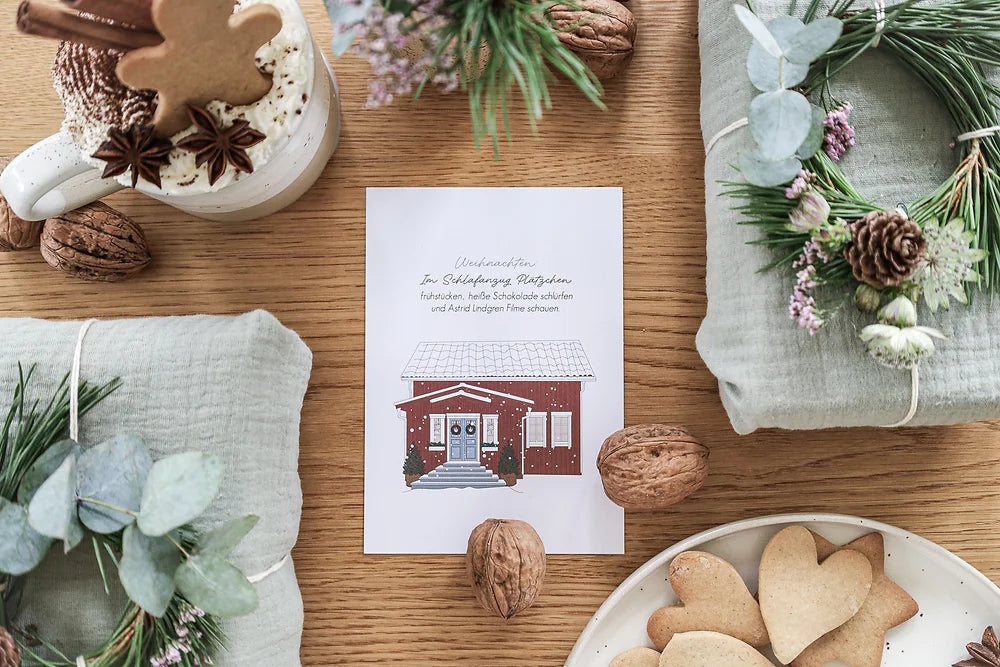 Postkarte - Im Schlafanzug Plätzchen frühstücken