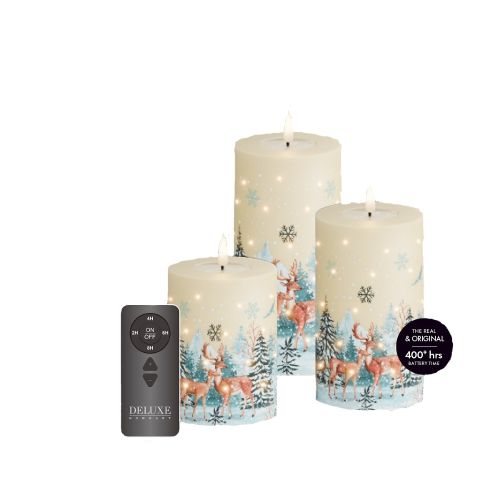 LED Deluxe Homeart Giftbox - 3er Set Cremefarbene LED-Kerzen mit Glasfaser-Lichtern mit Fernbedienung - Echtwachs - Schnee Rentier & Weihnachtsbaum