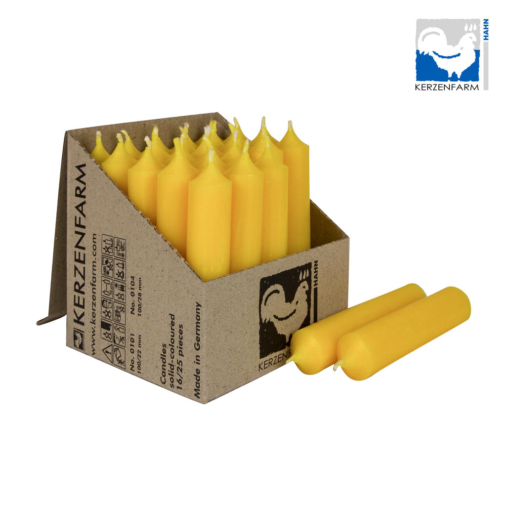 25er Box/ Set Stabkerzen kurze Stabkerzen gelb - 10 x 2,2 cm