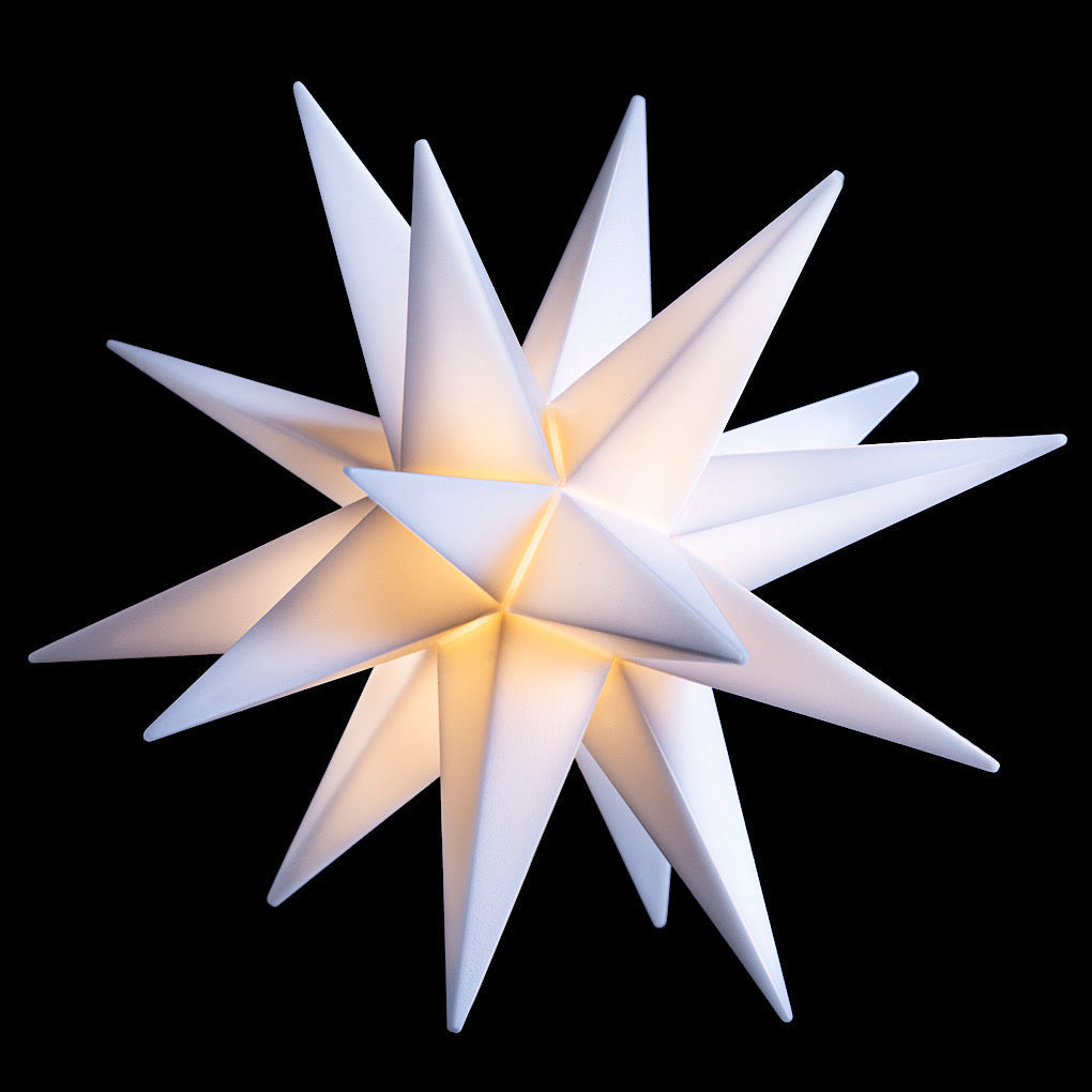 LED Leuchtstern/ Mini-Stern 18 Zacken, für Indoor weiß  Ø 12cm mit Batteriefach und Timer