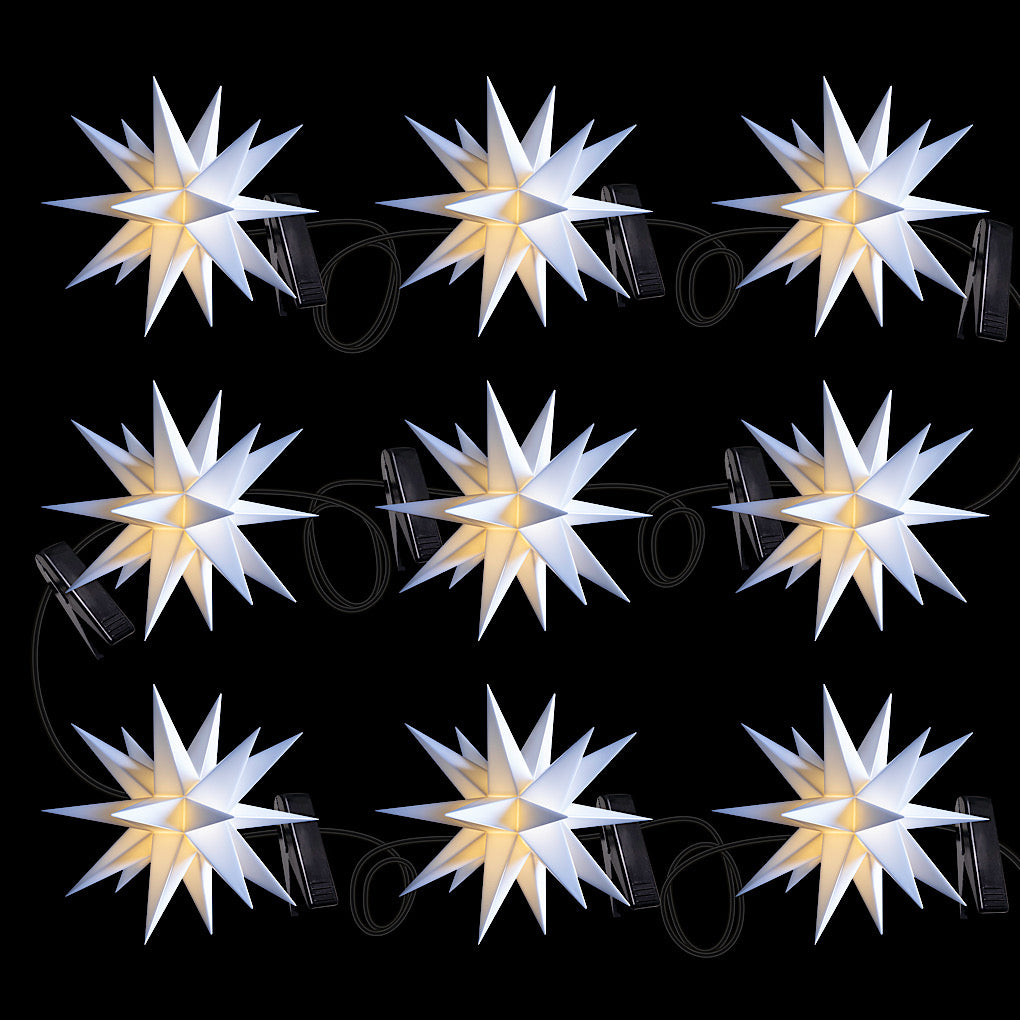LED Lichterkette Leuchtsternenkette/ Mini-Sternenlichterkette 18 Zacken, weiß, 9 Sterne Ø 12cm - für innen und außen, mit Trafo